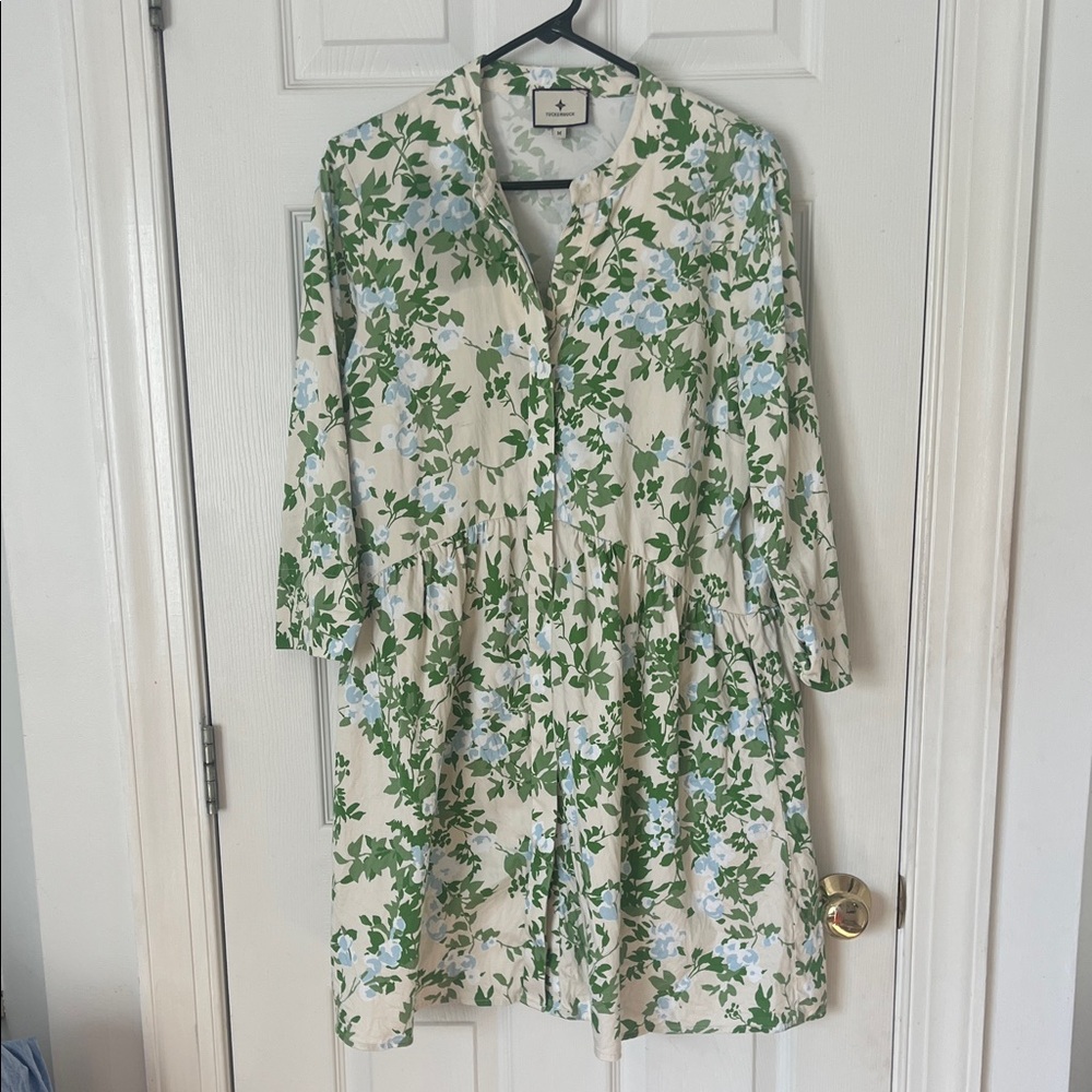 Tuckernuck Green and Blue Floral Blouse Royal Shirt Dress